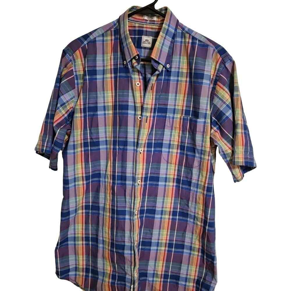 Peter Millar Men's Plaid‎ Button Down Shirt Medium Blue Red Cotton Golf Casual